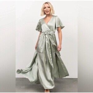 Baltic Born Dress Womens Size Large Sicily Satin Sage Green Maxi Dress Slits NEW
